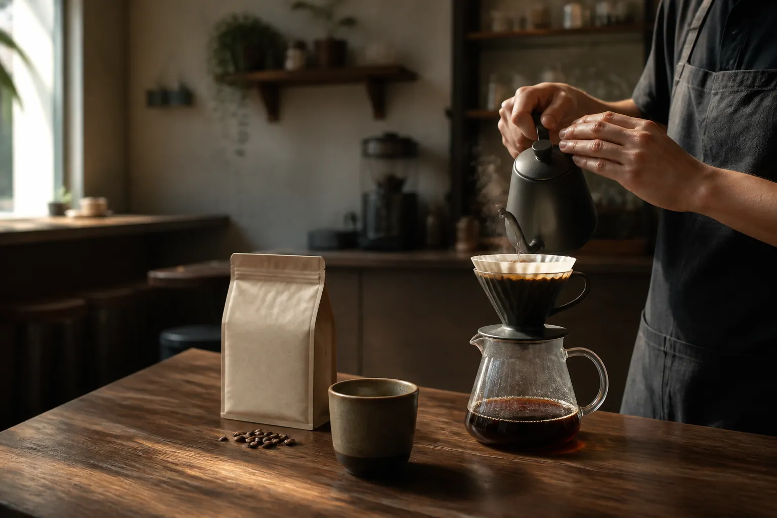 Barista preparing pour-over coffee in a warm independent roastery